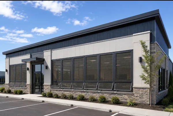 Commercial Storefront Security Screens for Doors and Windows — awning vent windows behind security mesh on a modern Las Vegas commercial building, by Olson Iron