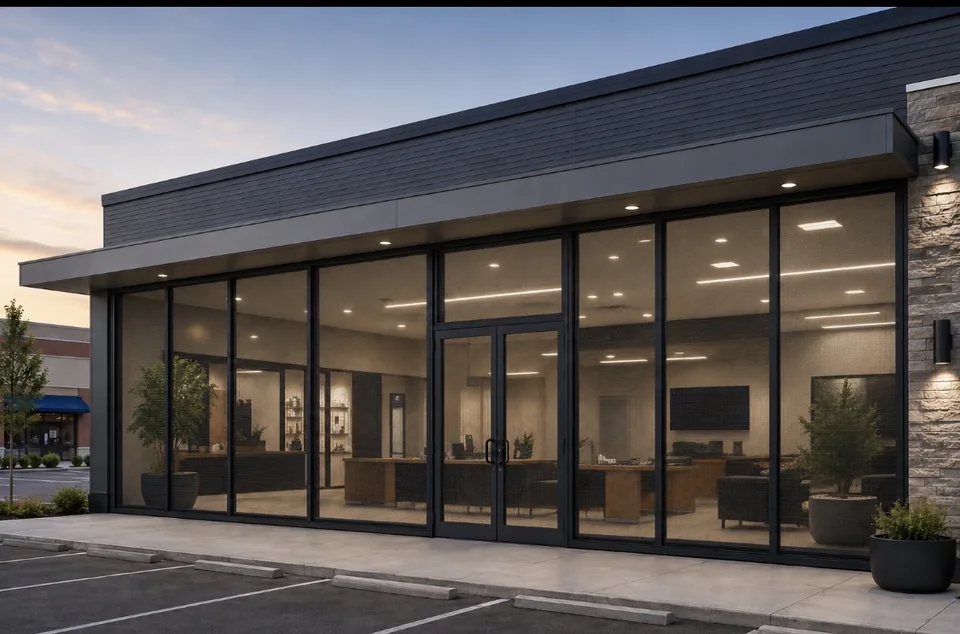 Commercial Storefront Security Screens for Doors and Windows — five-panel mesh storefront with paired entry doors on a Las Vegas commercial building, by Olson Iron