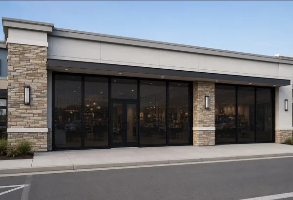 Commercial Storefront Security Screens for Doors and Windows — Las Vegas restaurant entry with stone columns flanking paired storefront doors, by Olson Iron