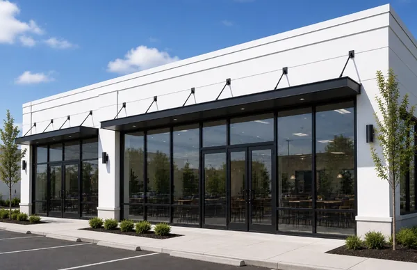Commercial Storefront Security Screens for Doors and Windows — Las Vegas restaurant exterior with twin entry canopies and full-height mesh windows, by Olson Iron