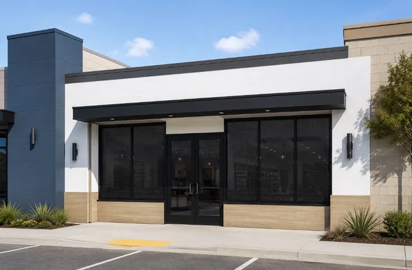 Commercial Storefront Security Screens for Doors and Windows — mesh storefront with side windows and central paired doors on a Las Vegas commercial building, by Olson Iron