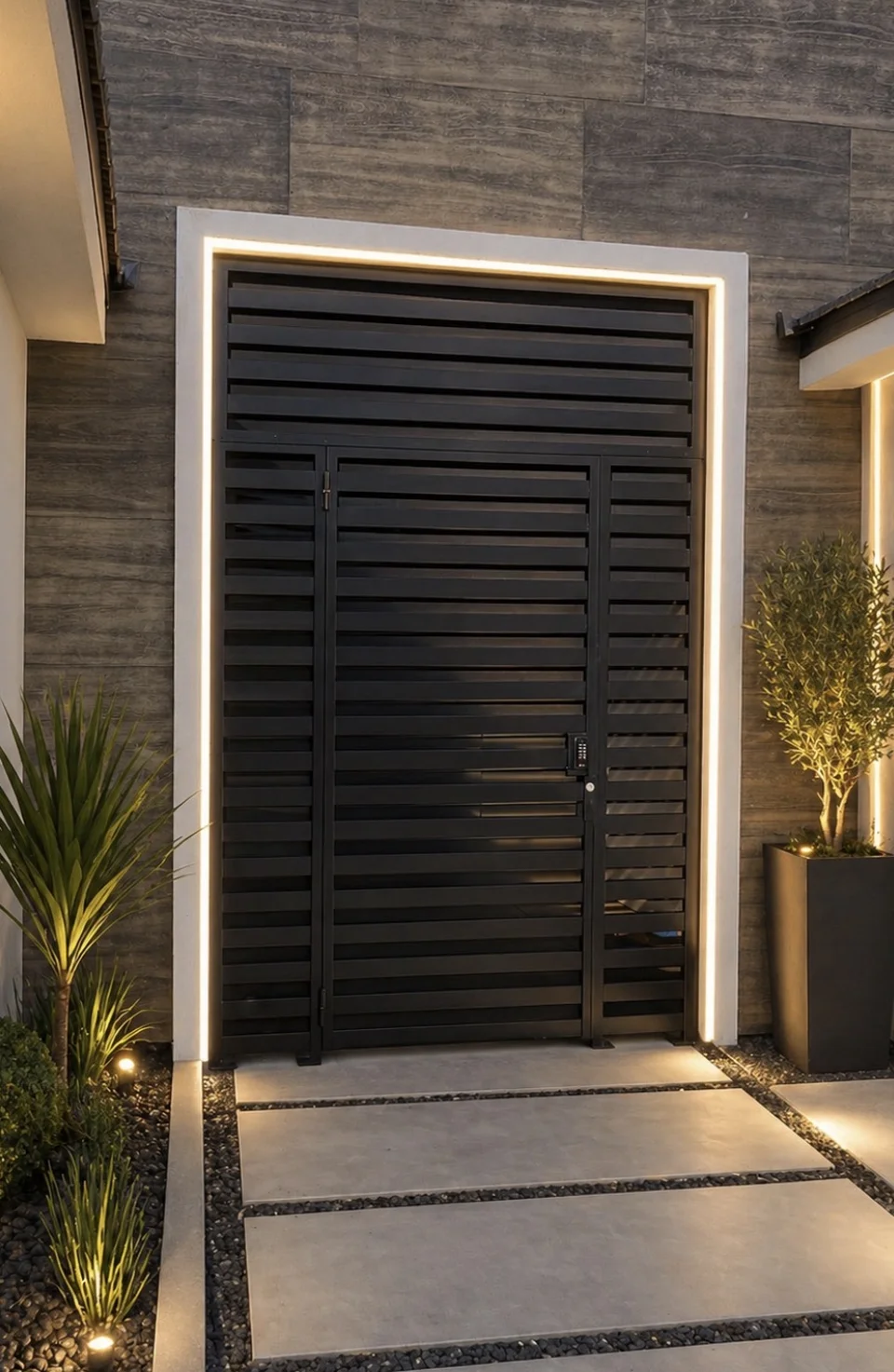 Olson Iron courtyard entry gate Las Vegas modern horizontal slat double (826G)