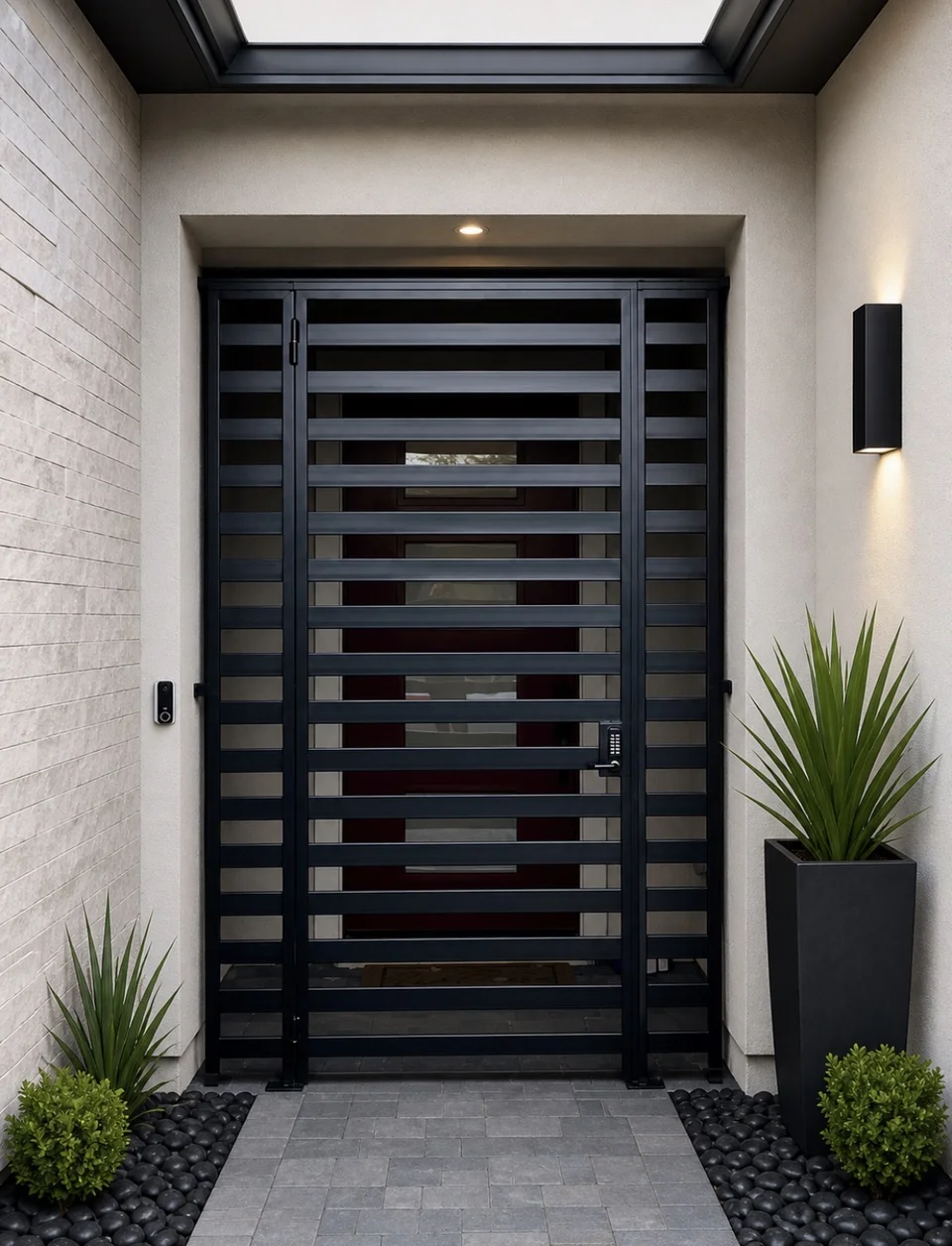 Olson Iron courtyard entry gate Las Vegas modern slat with glass sidelite (827G)