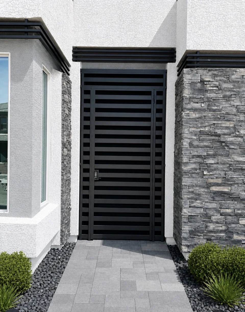 Olson Iron courtyard entry gate Las Vegas modern horizontal slat single (828G)