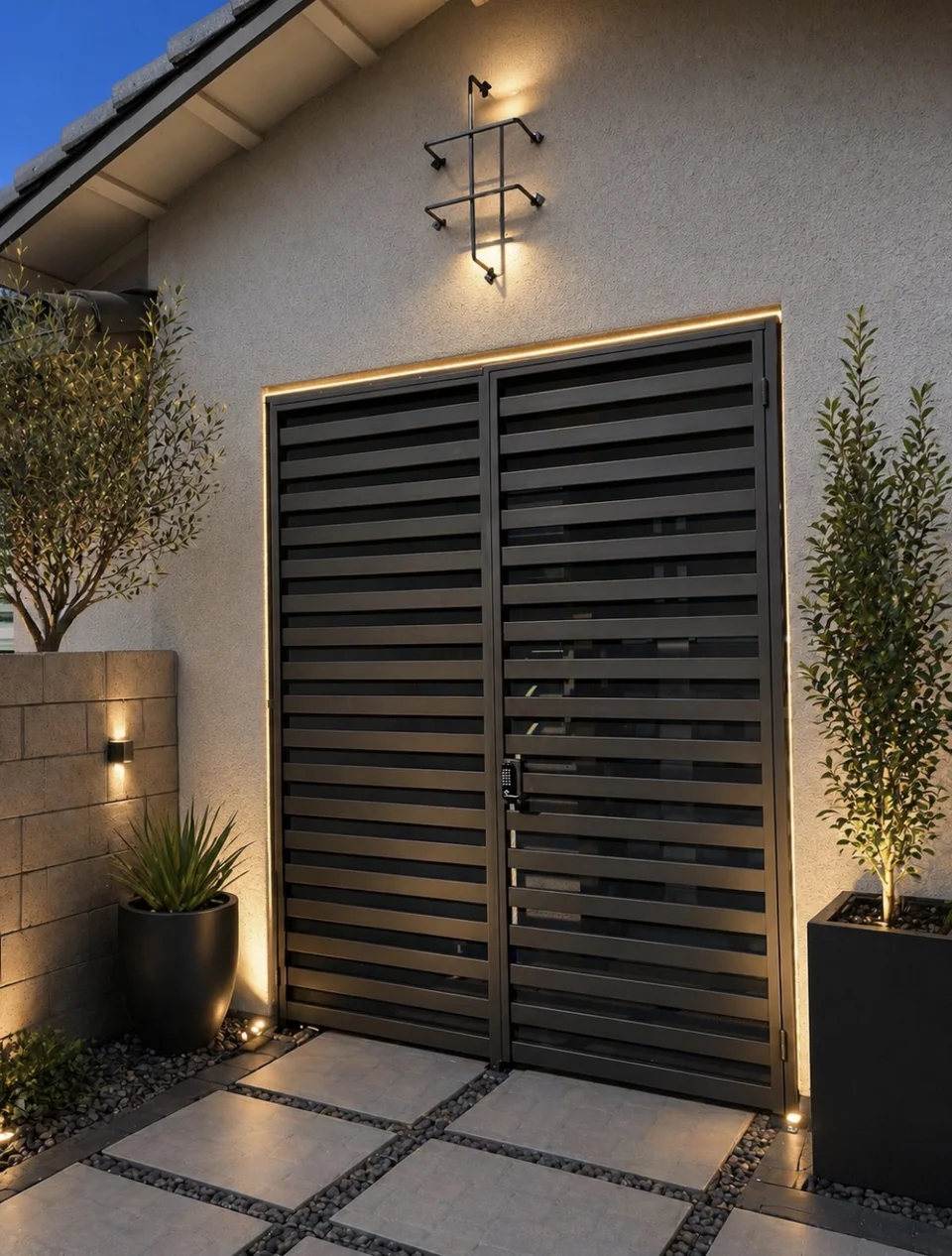Olson Iron courtyard entry gate Las Vegas modern slat double nighttime (829G)