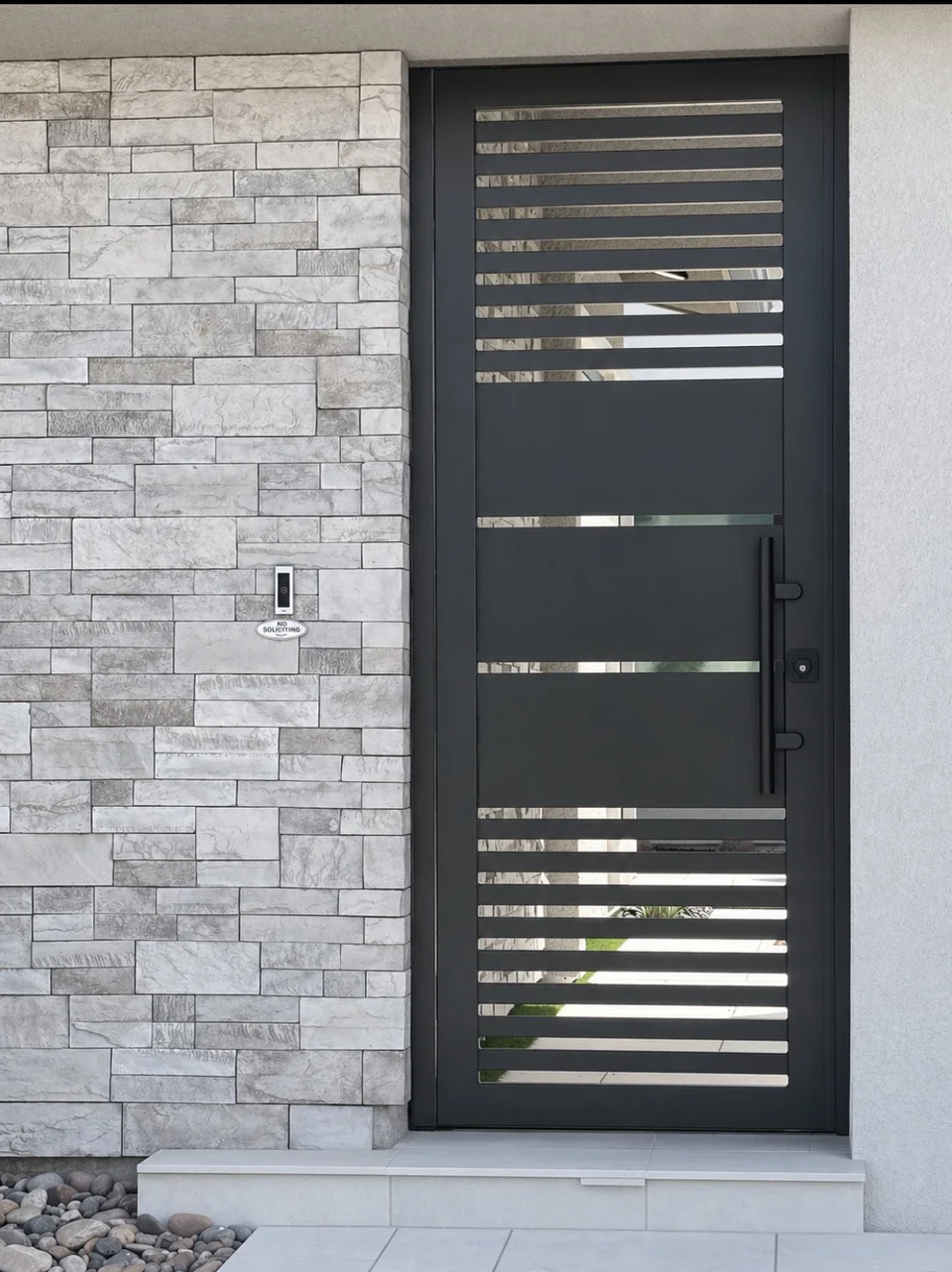 Olson Iron courtyard entry gate Las Vegas modern slat single stacked stone (830G)