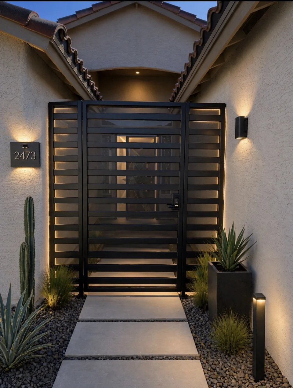 Olson Iron custom courtyard entry gate in Las Vegas — Tall black horizontal-bar privacy entry gate set into stucco wall with twin uplights (801G)