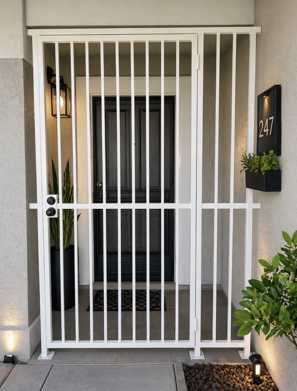 Olson Iron custom courtyard entry gate in Las Vegas — Arched black wrought-iron entry gate with scroll work and code lock at Mediterranean stone-pillar home (802G)