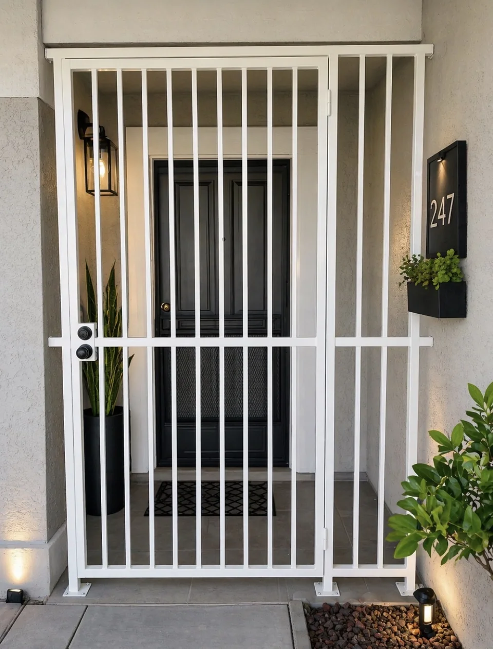 Olson Iron custom courtyard entry gate in Las Vegas — Arched black wrought-iron entry gate with scroll work and code lock at Mediterranean stone-pillar home (802G)