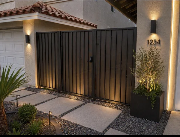 Olson Iron custom courtyard entry gate in Las Vegas — Black scroll-work pedestrian gate with diamond-pattern bottom panel between stucco pillars (803G)