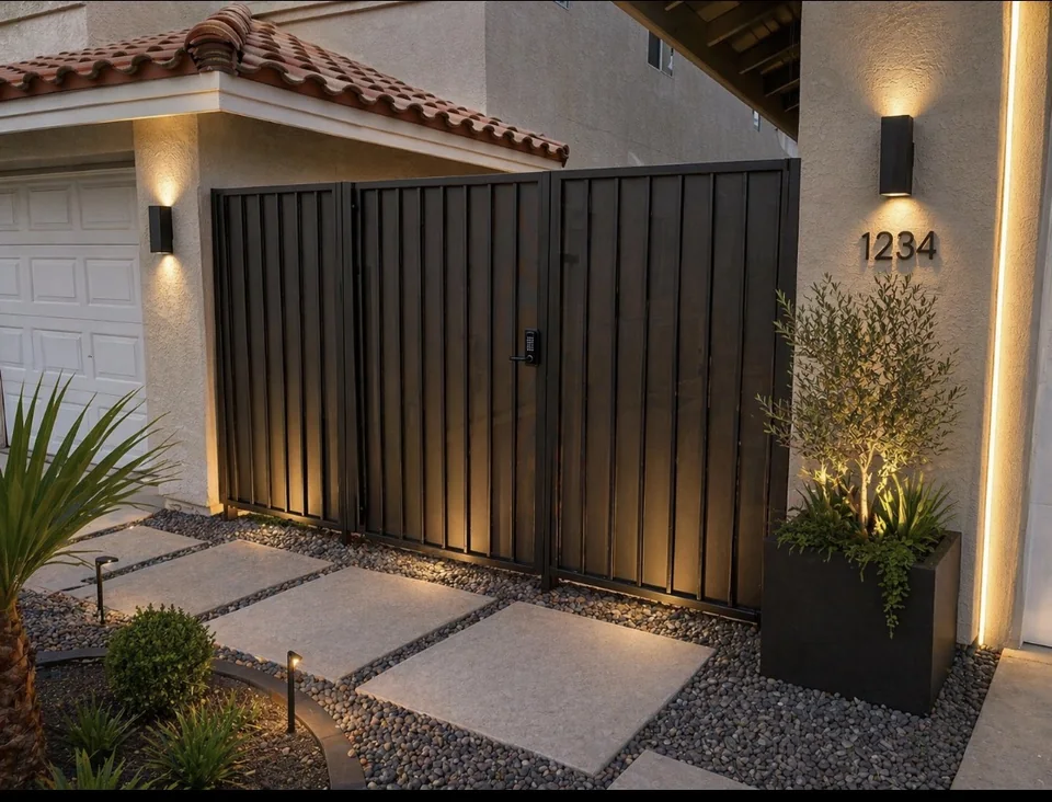 Olson Iron custom courtyard entry gate in Las Vegas — Black scroll-work pedestrian gate with diamond-pattern bottom panel between stucco pillars (803G)