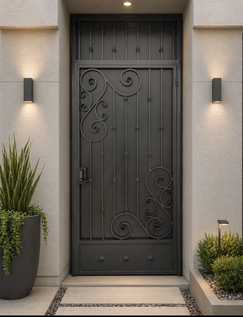 Olson Iron custom courtyard entry gate in Las Vegas — Modern security-screen-mesh privacy entry gate with side panels and ambient under-lighting (804G)