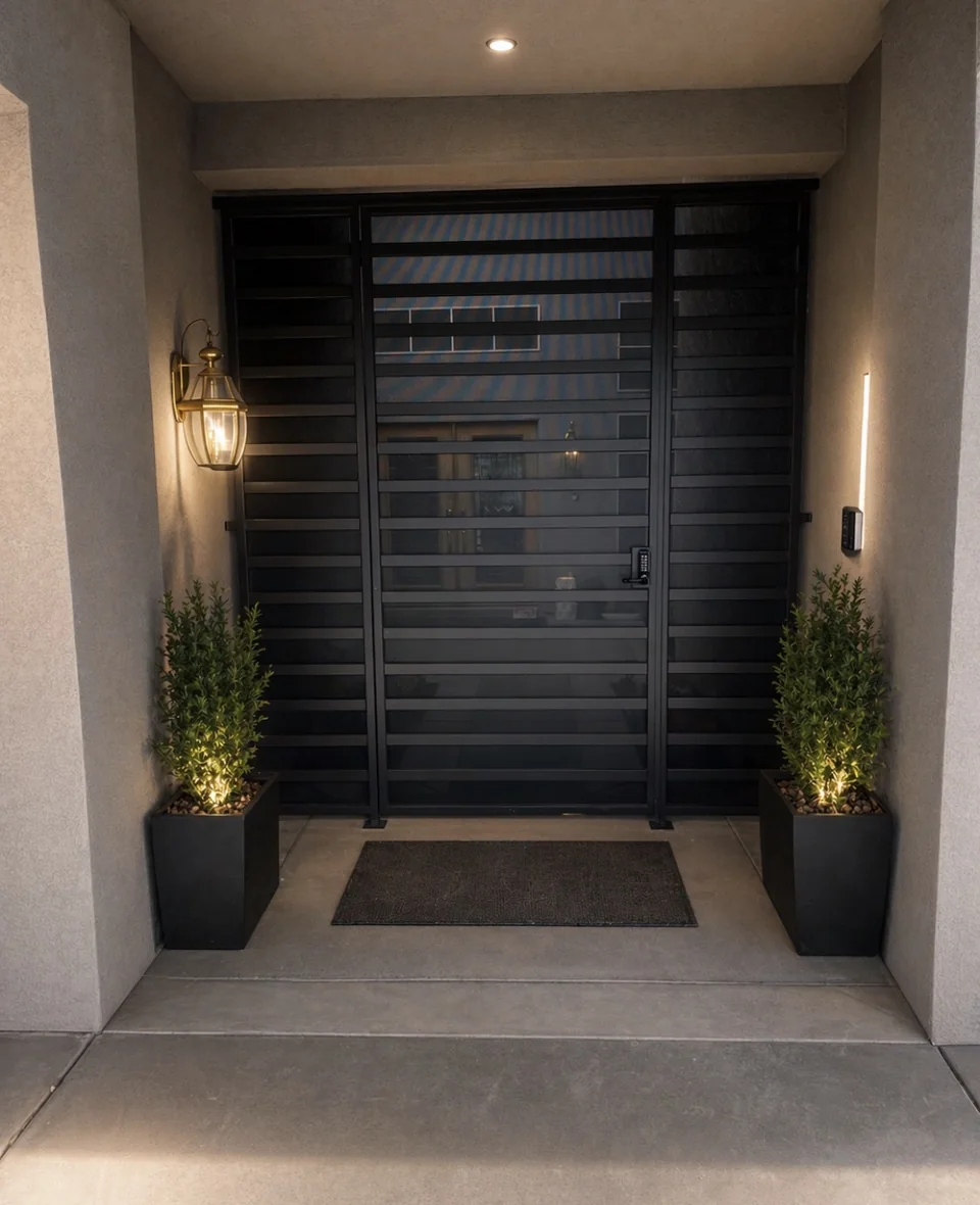 Olson Iron custom courtyard entry gate in Las Vegas — Arched scroll-iron entry gate with American-flag accent at warm Tuscan stucco arch (805G)