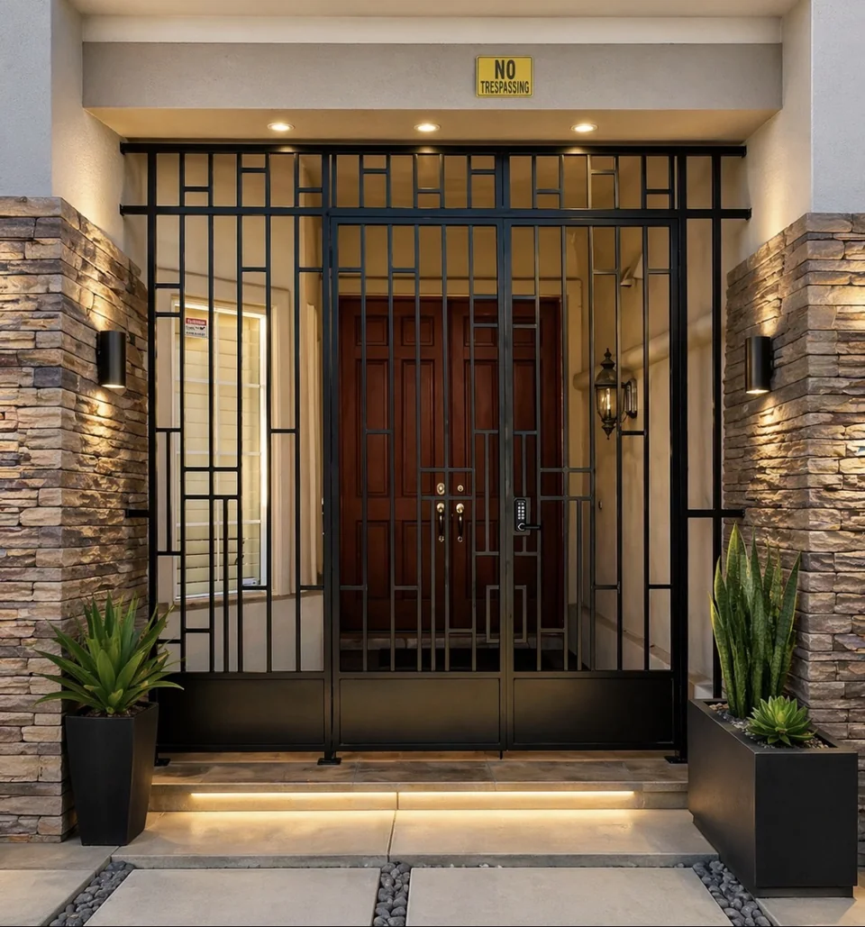 Olson Iron custom courtyard entry gate in Las Vegas — Wide horizontal-bar courtyard gate at modern stone-and-stucco entry with paver walkway (806G)