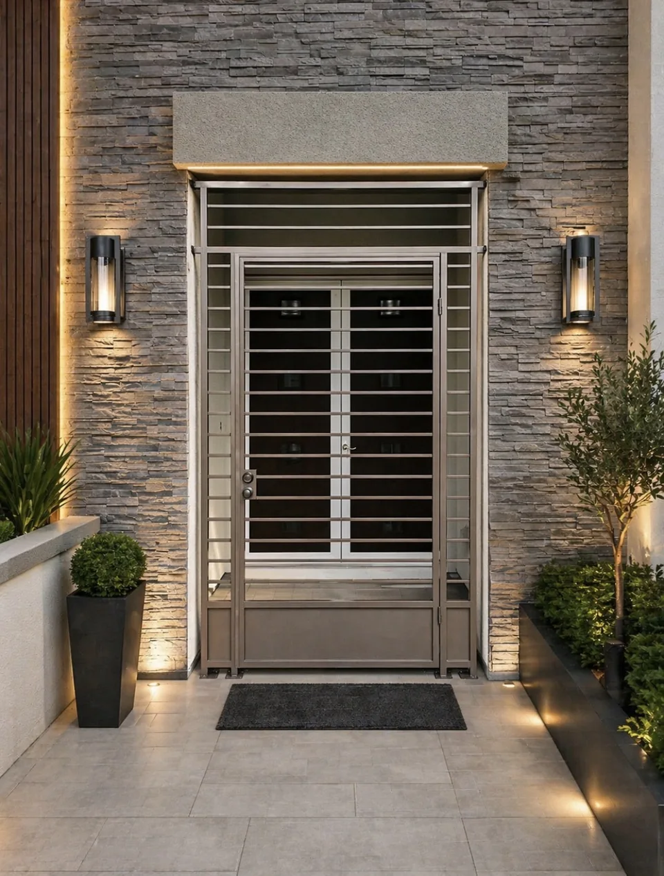 Olson Iron custom courtyard entry gate in Las Vegas — Tall vertical-bar iron entry gate with twist baluster pickets between stucco columns (808G)