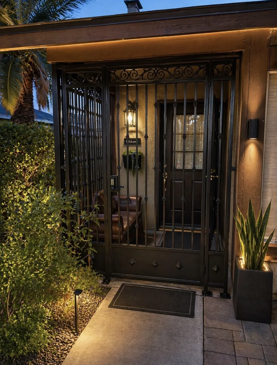 Olson Iron custom courtyard entry gate in Las Vegas — Modern thin-frame horizontal-bar entry gate at contemporary home with sconce lighting (812G)