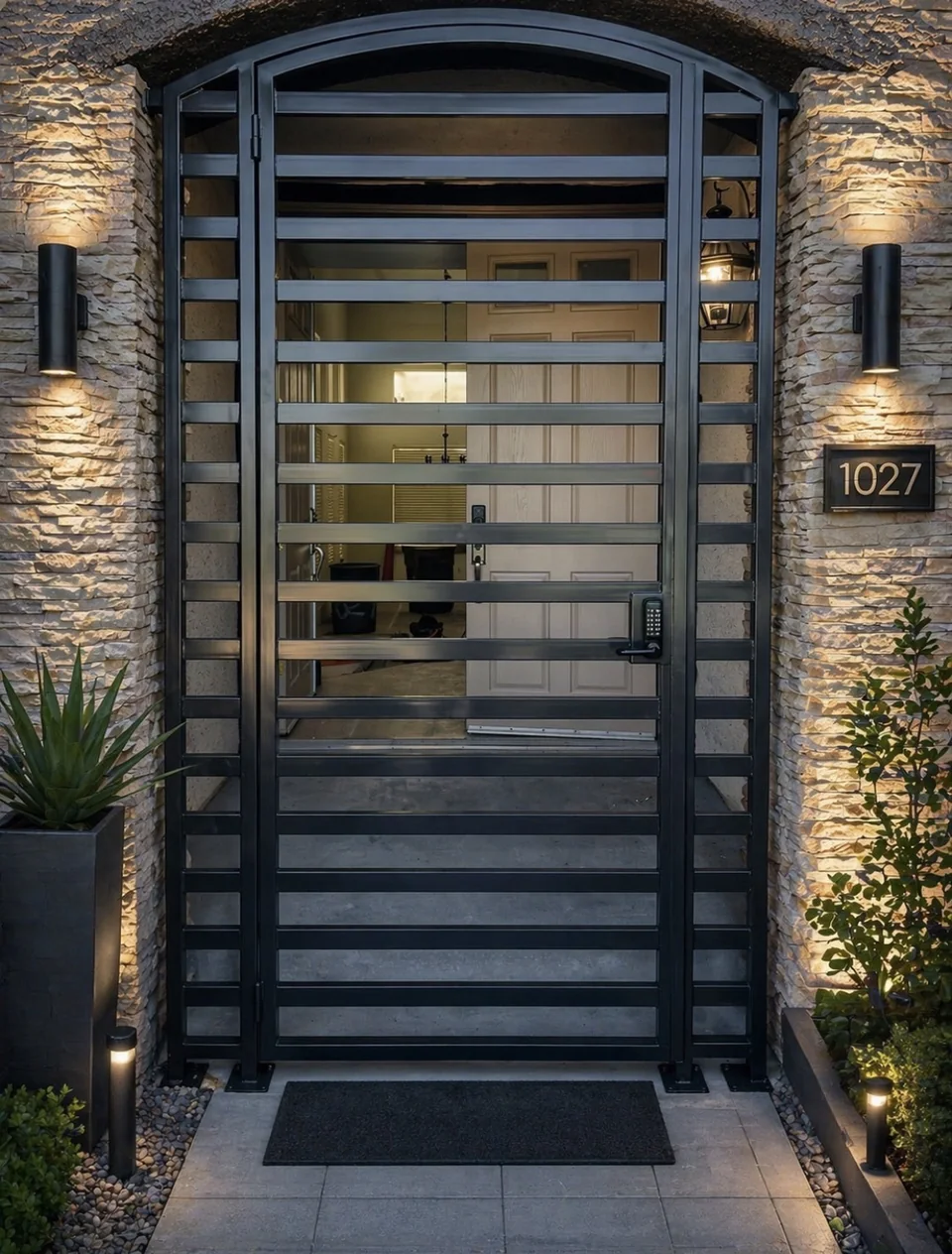 Olson Iron custom courtyard entry gate in Las Vegas — Modern privacy entry gate with vertical-slat infill at gray-stucco contemporary home (814G)