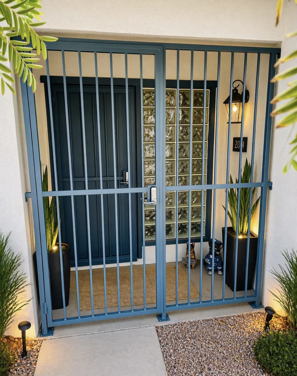 Olson Iron custom courtyard entry gate in Las Vegas — Arched scroll iron entry gate with bottom kick-plate at Tuscan stone courtyard (816G)