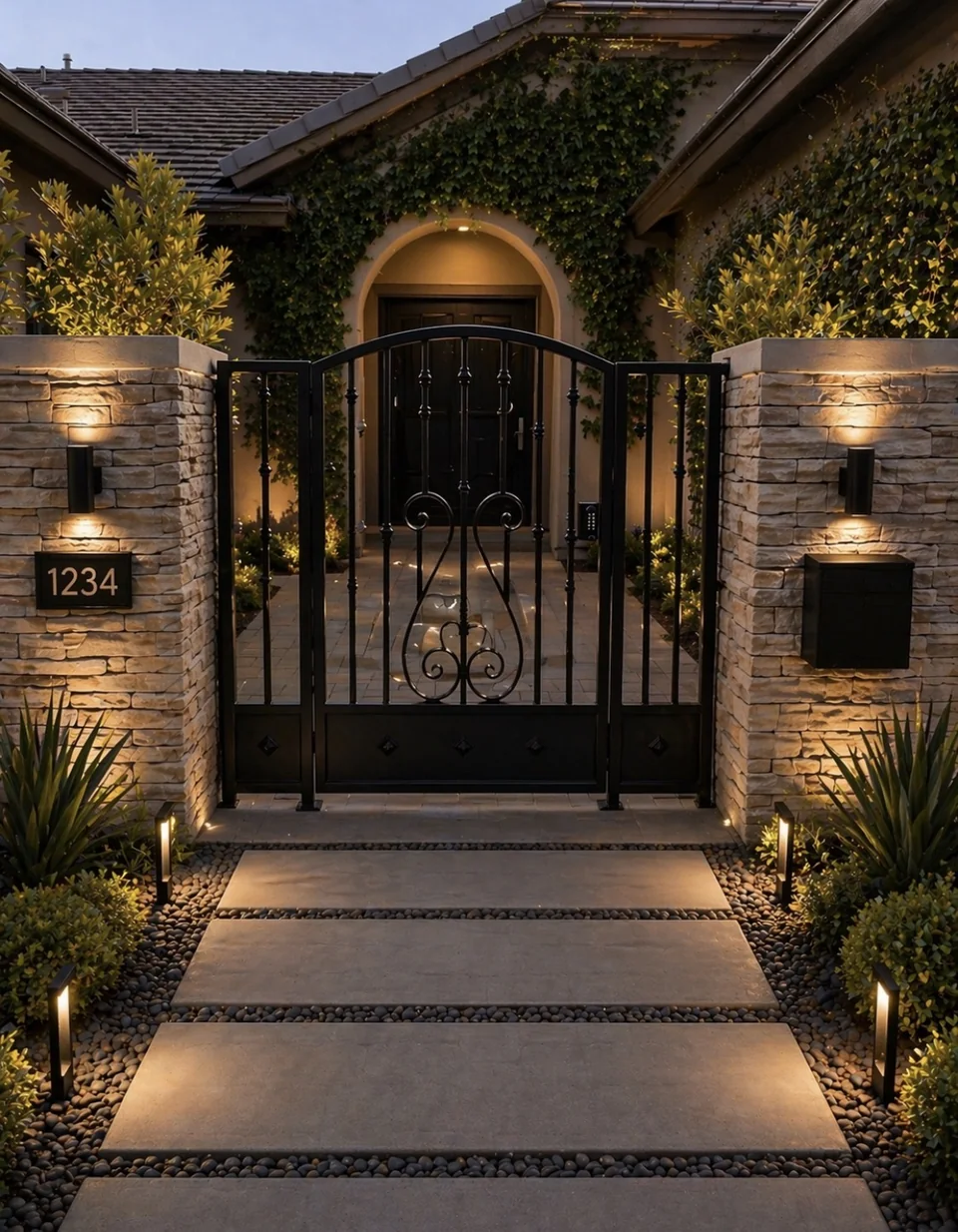Olson Iron custom courtyard entry gate in Las Vegas — Tall vertical-bar entry gate with center scroll panel between stucco pillars at uplit walkway (817G)