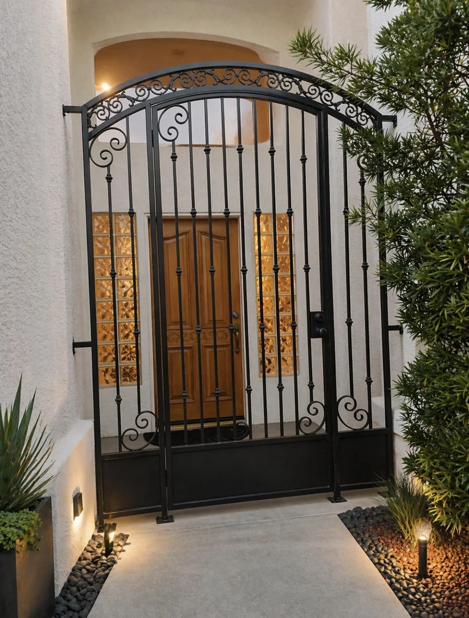 Olson Iron custom courtyard entry gate in Las Vegas — Modern horizontal-bar entry gate with frosted side glass at gray-stucco courtyard (818G)