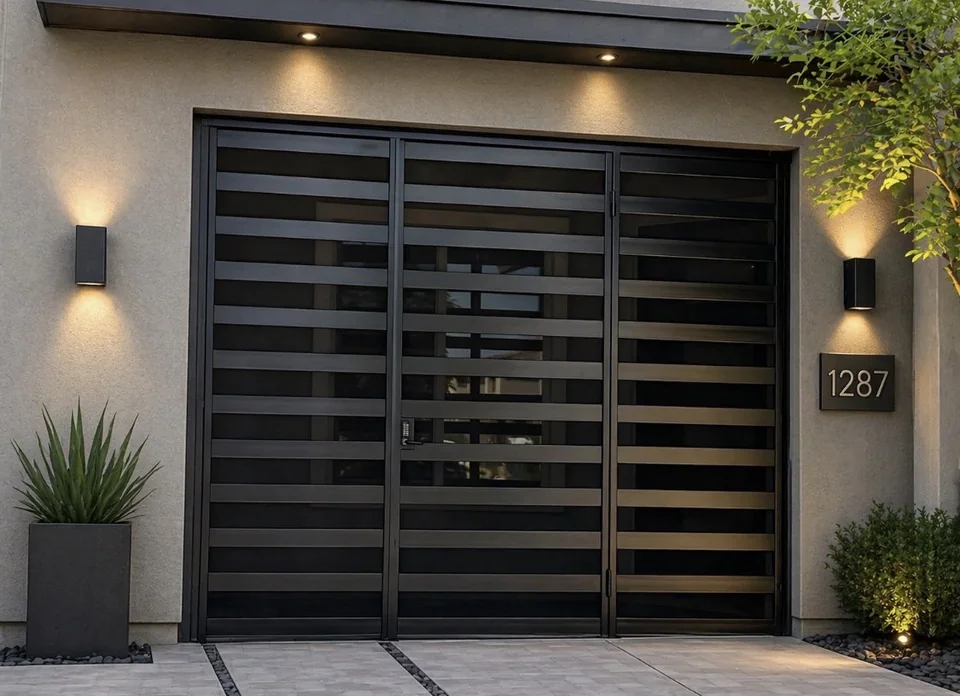 Olson Iron custom courtyard entry gate in Las Vegas — Tall triple-panel black horizontal-bar entry gate with center pedestrian door and twin sconces at modern stucco home (819G)
