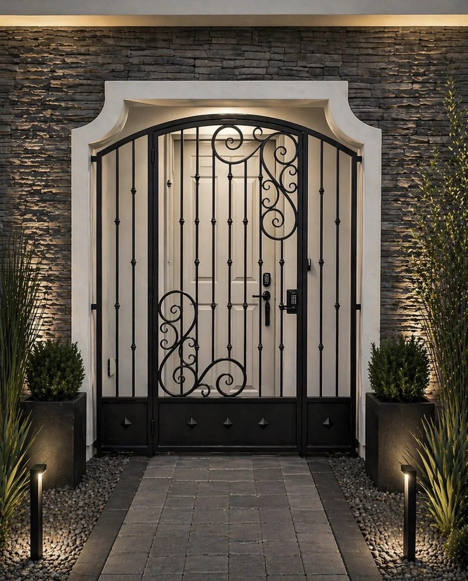 Olson Iron custom courtyard entry gate in Las Vegas — Arched black scroll iron entry gate with twin sconces and diamond-bottom panel at stacked-stone courtyard (820G)