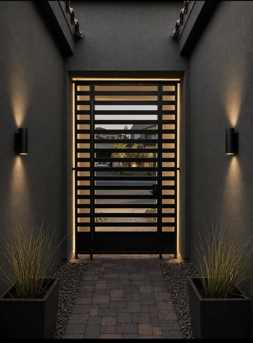 Olson Iron custom courtyard entry gate in Las Vegas — Tall horizontal-slat single black entry gate with under-lighting between dark-stucco walls and grass planters (821G)