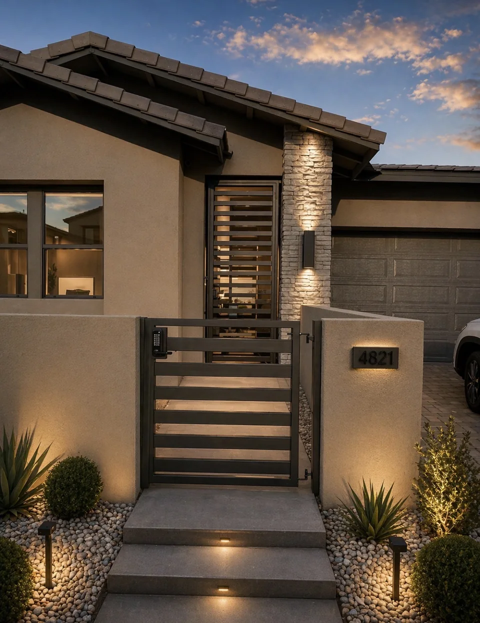Olson Iron custom courtyard entry gate in Las Vegas — Modern short horizontal-slat side-yard entry gate with stacked-stone column and code lock at desert landscape (823G)