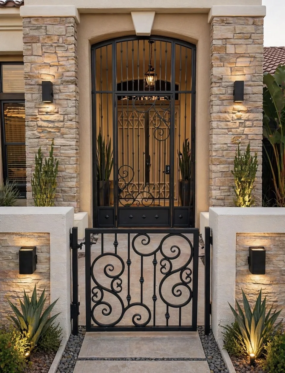 Olson Iron custom courtyard entry gate in Las Vegas — Two-tier scroll iron courtyard entry: tall arched gate over short scroll-iron access gate at stone-pillar Tuscan home (824G)