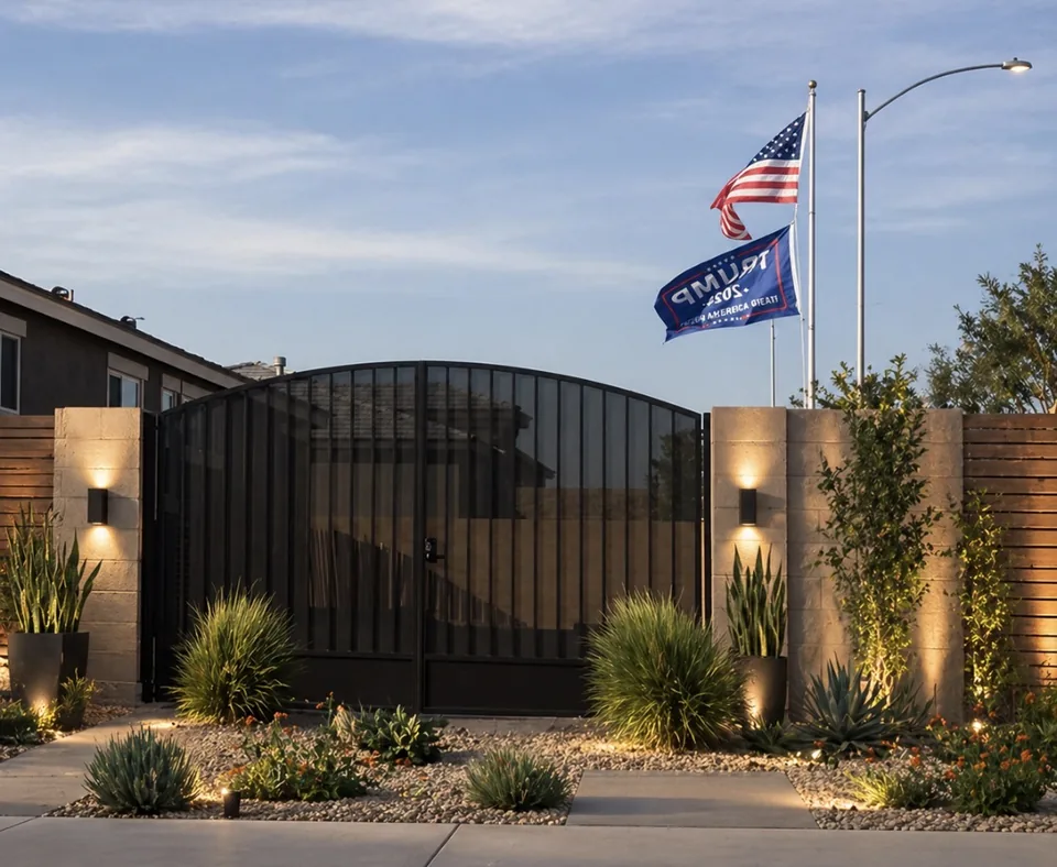 Olson Iron custom side-yard gate in Las Vegas — cream double-swing rv gate with code lock and desert landscape in Las Vegas (707G)