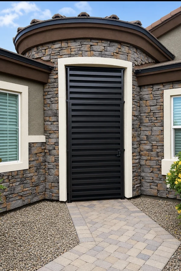 Olson Iron custom courtyard entry gate in Las Vegas — Tall black louvered horizontal-slat single pedestrian gate set into stone-veneer alcove with paver walkway (800G)