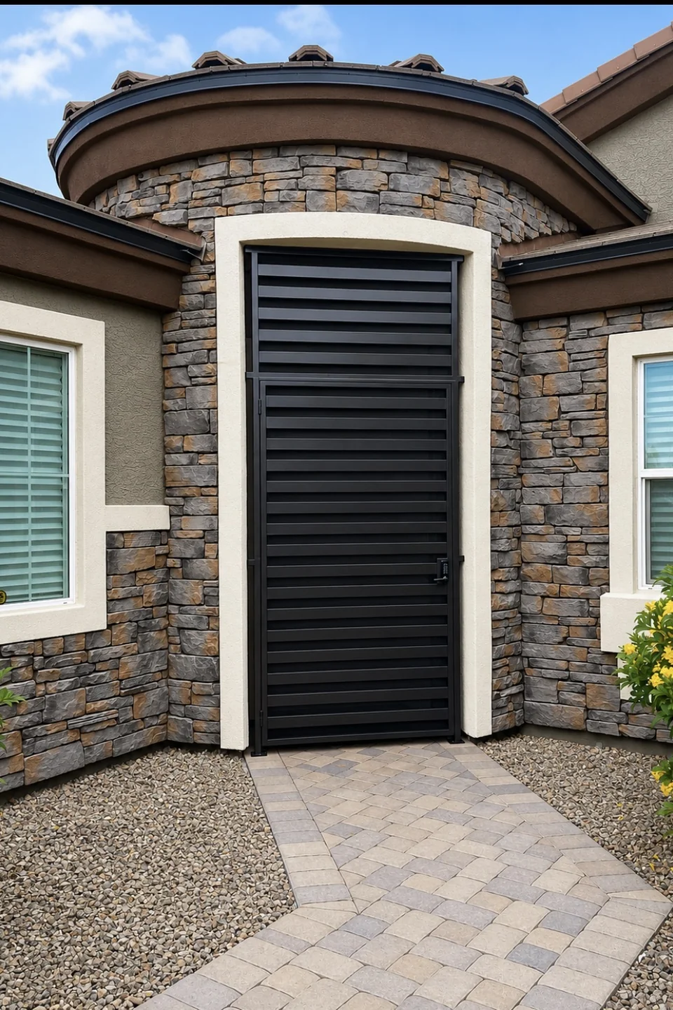 Olson Iron custom courtyard entry gate in Las Vegas — Tall black louvered horizontal-slat single pedestrian gate set into stone-veneer alcove with paver walkway (800G)