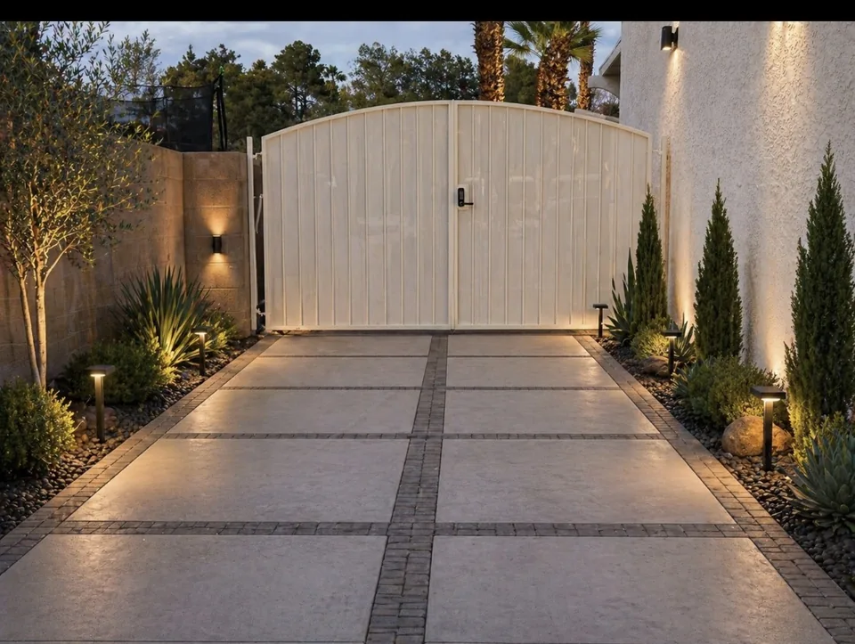 Olson Iron custom RV / driveway gate in Las Vegas — modern glass-inlay horizontal-slat black driveway gate with desert landscape in Las Vegas (708G)