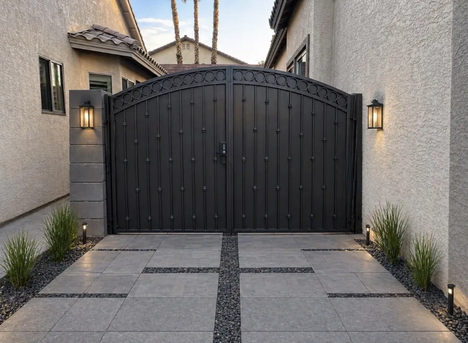 Olson Iron custom RV / driveway gate in Las Vegas — black modern double rv gate with vertical pickets and stucco pillars in Las Vegas (709G)
