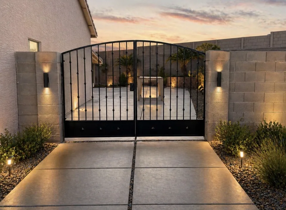 Olson Iron custom side-yard gate in Las Vegas — dark bronze horizontal-slat double rv gate with decorative rivets and stucco pillars in Las Vegas (714G)