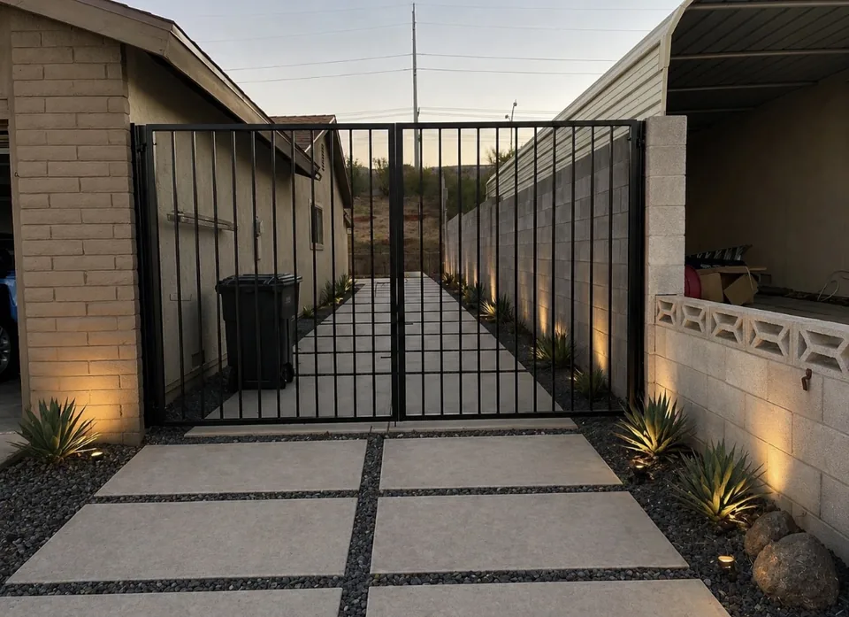 Olson Iron custom side-yard gate in Las Vegas — modern black horizontal-slat single pedestrian gate with code lock and paver patio in Las Vegas (715G)