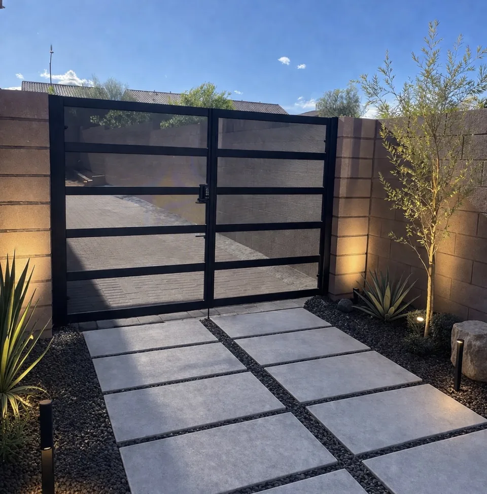 Olson Iron custom side-yard gate in Las Vegas — classic black scroll double driveway gate with vertical pickets at sunset in Las Vegas (716G)