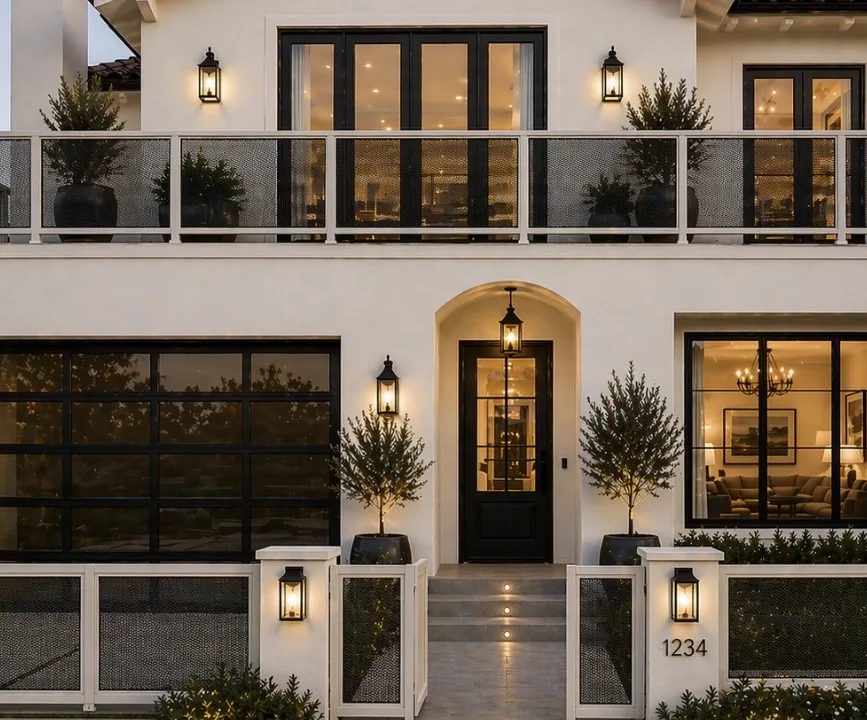 Olson Iron balcony rail with white frame and dark mesh infill on a two-story Las Vegas home (841R)