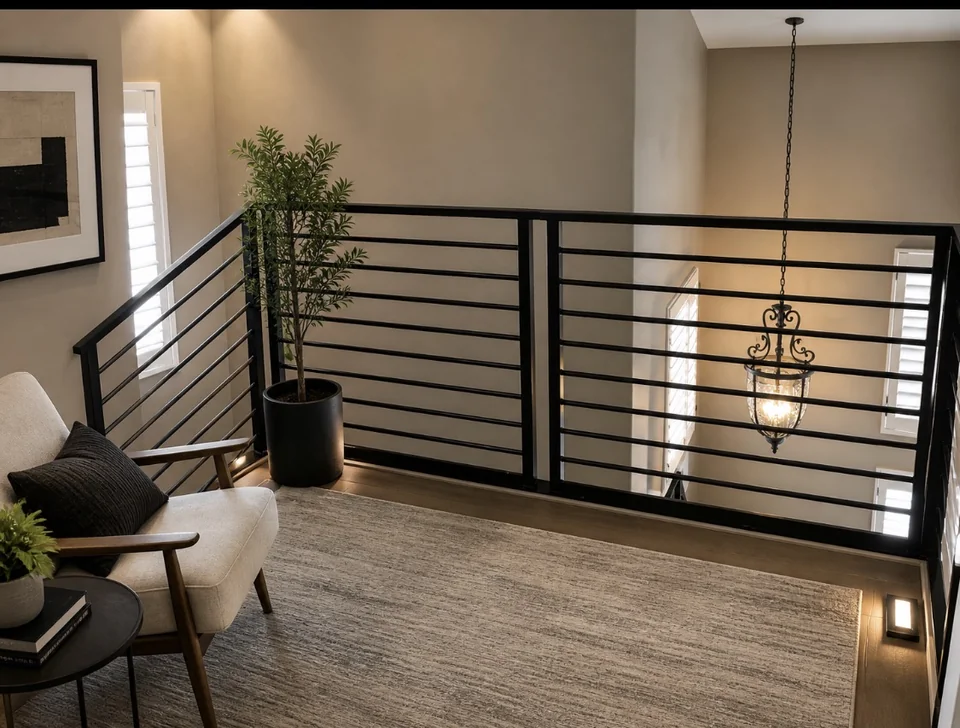 Custom iron stair rail with horizontal bars on a Las Vegas interior staircase — Olson Iron (843R)