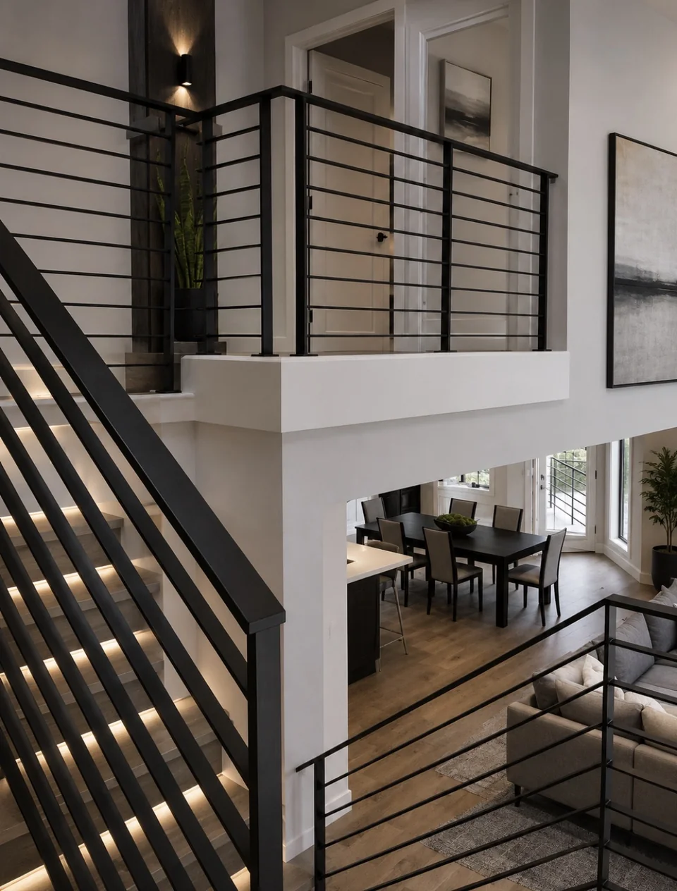 Iron stair rail with lit steps above — Olson Iron Las Vegas (844R)