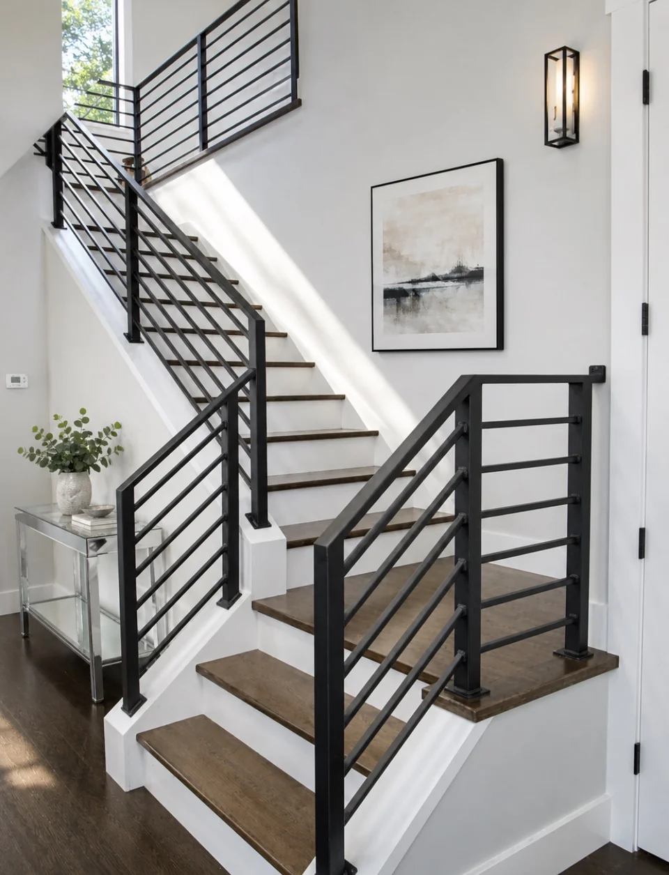 Modern horizontal iron stair rail with wood treads — Olson Iron Las Vegas (846R)