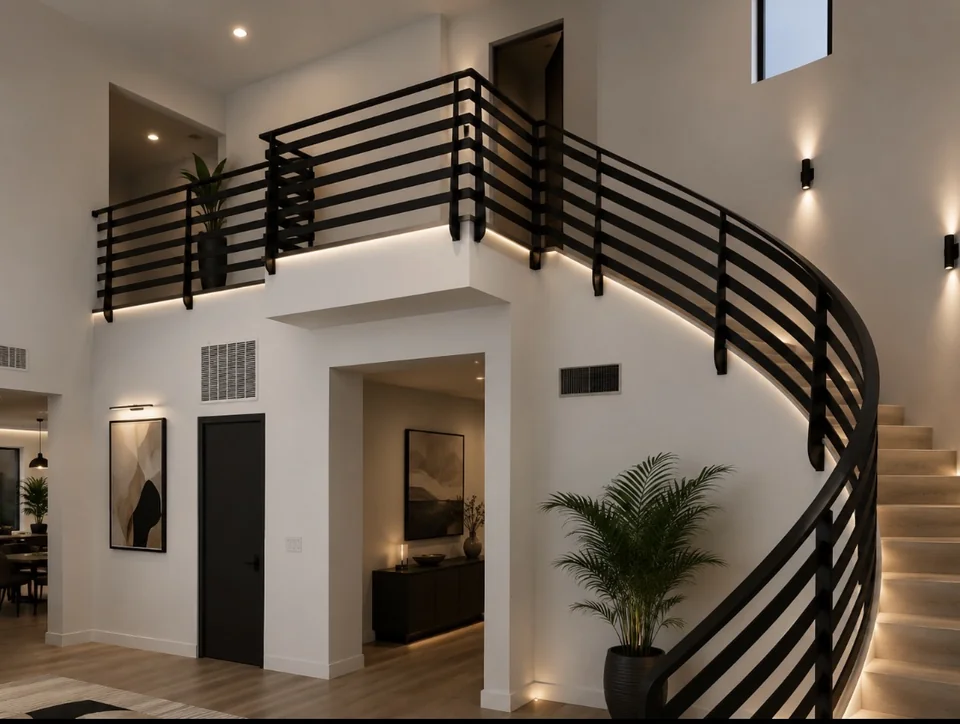 Curved iron stair rail with pool view — Olson Iron Las Vegas (848R)