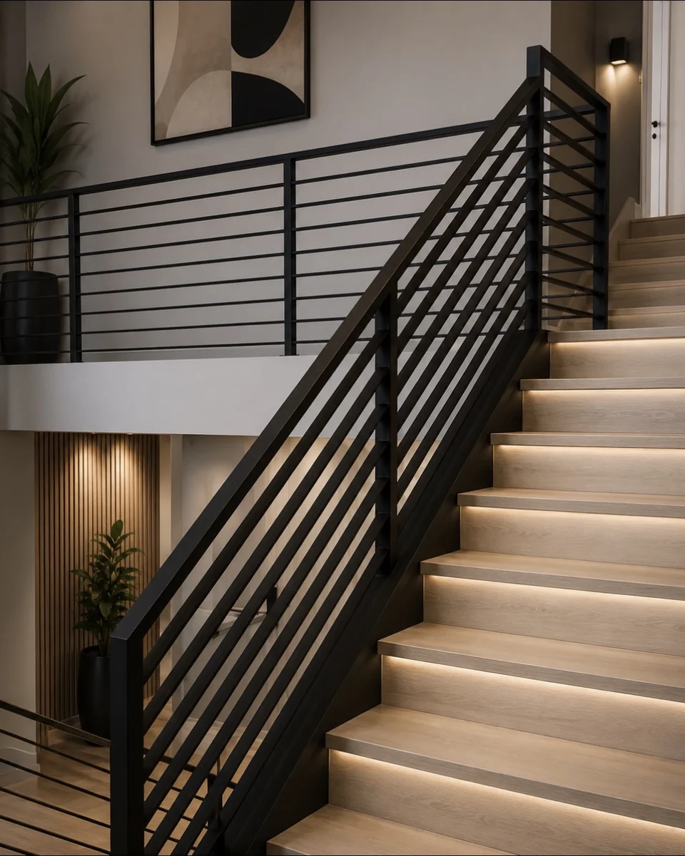 Horizontal iron stair rail with lit steps — Olson Iron Las Vegas (849R)