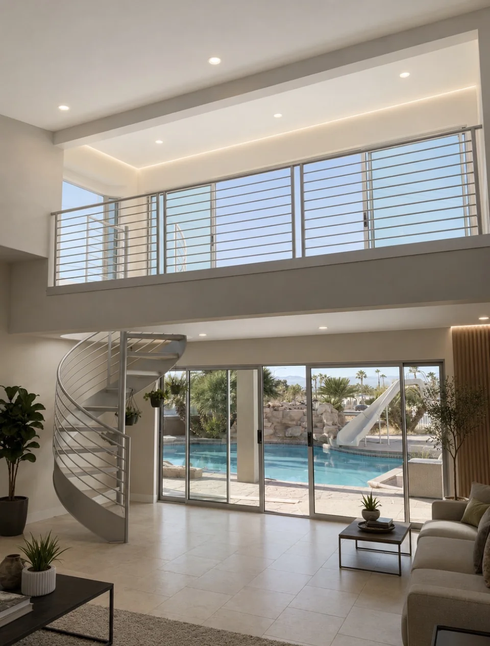 Spiral silver iron stair rail with pool view — Olson Iron Las Vegas (850R)