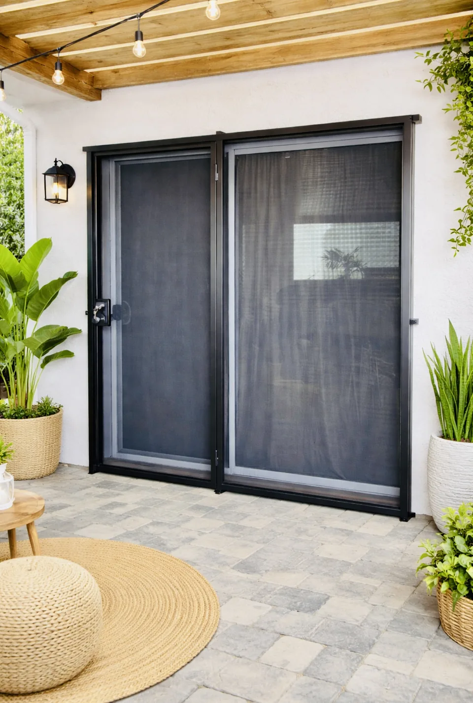 Twin sliding security screen doors under a pergola with string lights on a Las Vegas paver patio (301D)