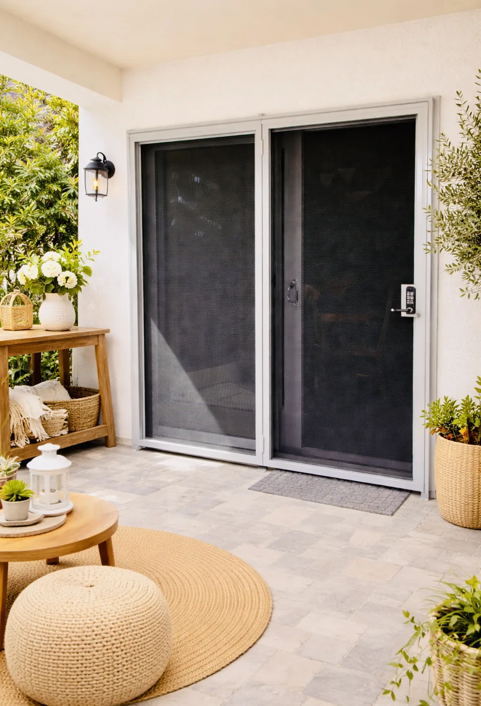 Olson Iron twin sliding security screen doors with keypad code lock on a Las Vegas back courtyard (302D)