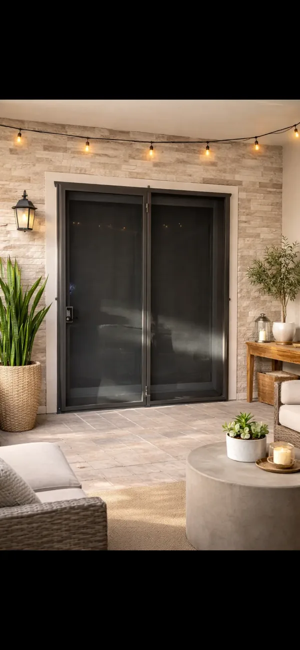 Twin Olson Iron patio slider screens against a stone-veneer wall with evening string lights, Las Vegas (303D)