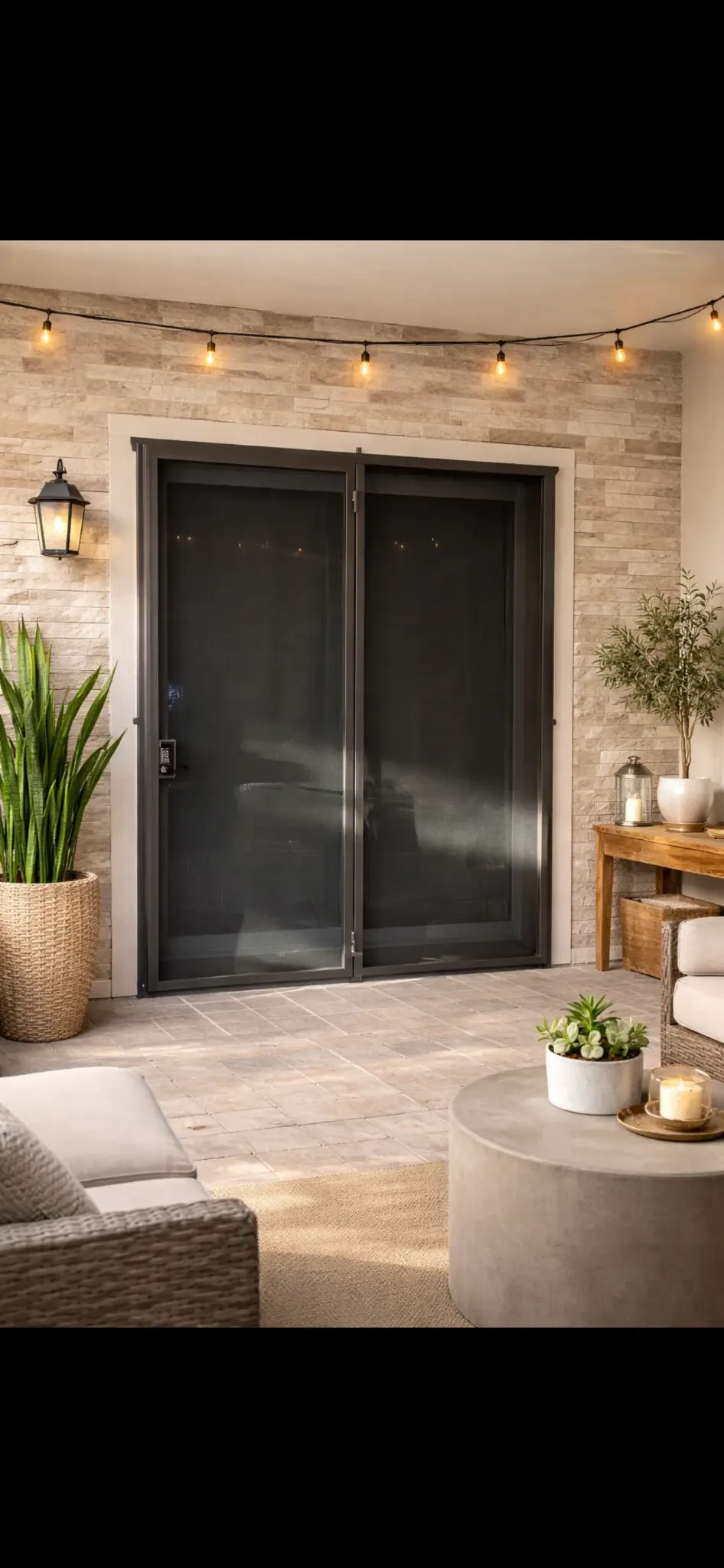 Twin Olson Iron patio slider screens against a stone-veneer wall with evening string lights, Las Vegas (303D)