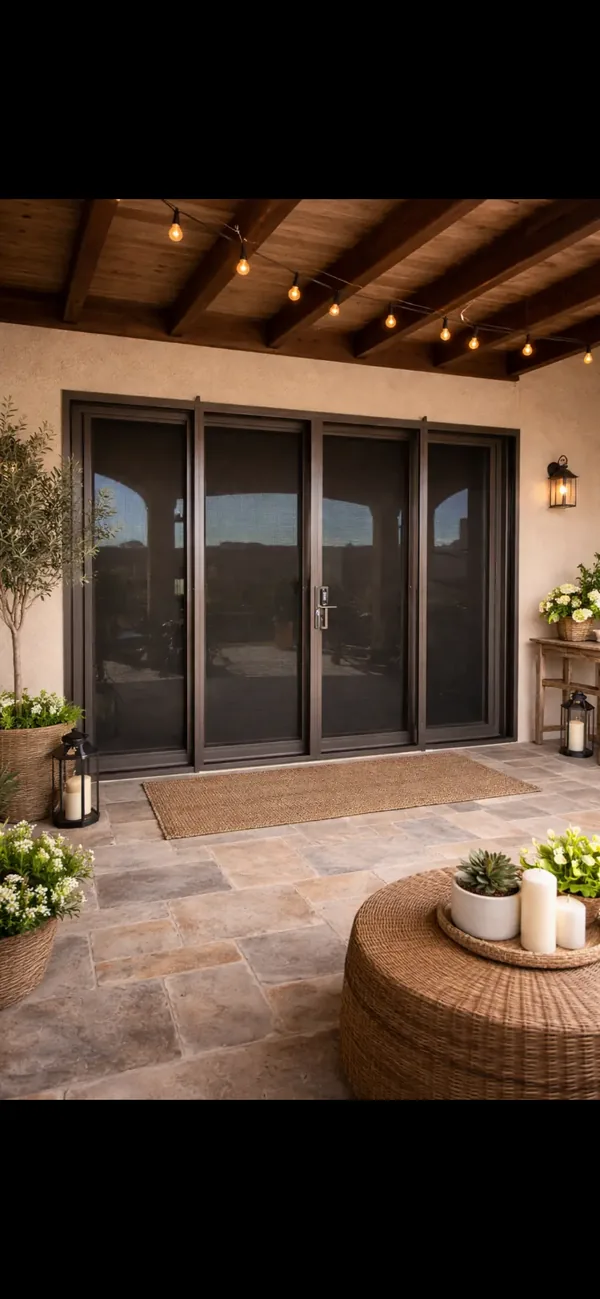 Four-panel Olson Iron patio slider security screen system under a wood-beam ceiling, Las Vegas (304D)