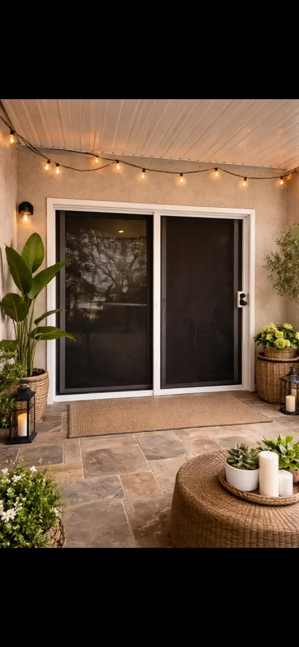 Olson Iron patio slider security screen at sunset with string lights and patio plants, Las Vegas (305D)